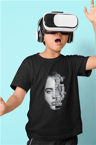 Billie Eilish Baskılı Unisex Siyah Çocuk Tişört - Tshirt
