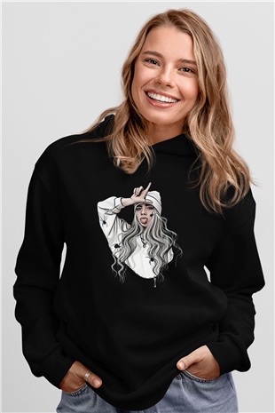 Billie Eilish Baskılı Unisex Siyah Hoodie