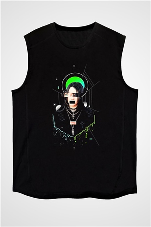 Billie Eilish Baskılı Unisex Siyah Kolsuz Tişört - Tshirt