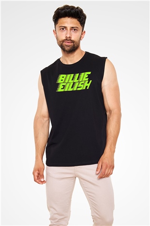 Billie Eilish Baskılı Unisex Siyah Kolsuz Tişört - Tshirt