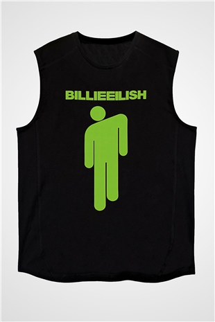 Billie Eilish Baskılı Unisex Siyah Kolsuz Tişört - Tshirt