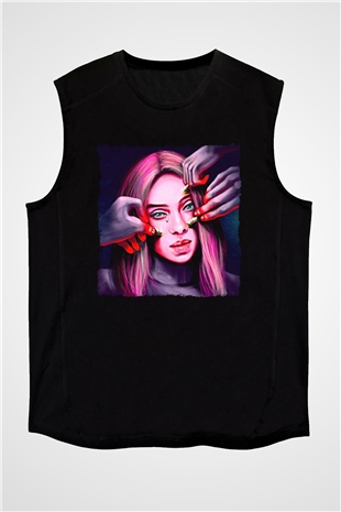 Billie Eilish Baskılı Unisex Siyah Kolsuz Tişört - Tshirt
