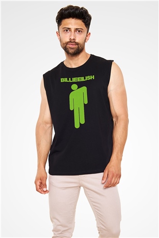 Billie Eilish Baskılı Unisex Siyah Kolsuz Tişört - Tshirt