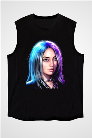 Billie Eilish Baskılı Unisex Siyah Kolsuz Tişört - Tshirt