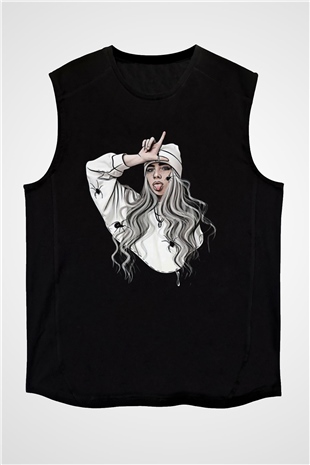 Billie Eilish Baskılı Unisex Siyah Kolsuz Tişört - Tshirt