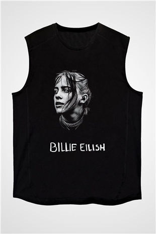 Billie Eilish Baskılı Unisex Siyah Kolsuz Tişört - Tshirt