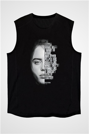 Billie Eilish Baskılı Unisex Siyah Kolsuz Tişört - Tshirt