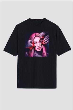 Billie Eilish Baskılı Unisex Siyah Oversize Tişört - Tshirt