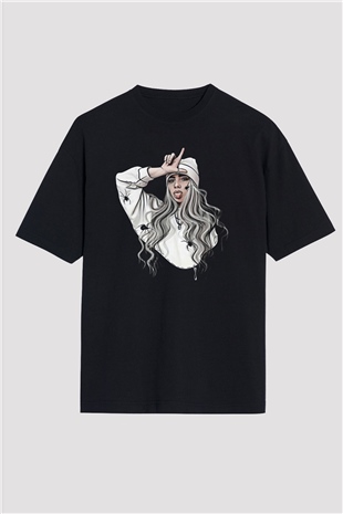 Billie Eilish Baskılı Unisex Siyah Oversize Tişört - Tshirt