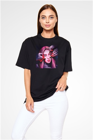 Billie Eilish Baskılı Unisex Siyah Oversize Tişört - Tshirt