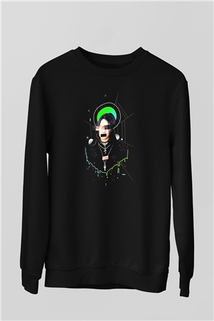 Billie Eilish Baskılı Unisex Siyah Sweatshirt