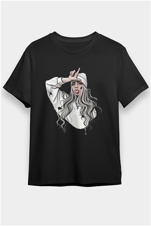 Billie Eilish Baskılı Unisex Siyah Tişört - Tshirt