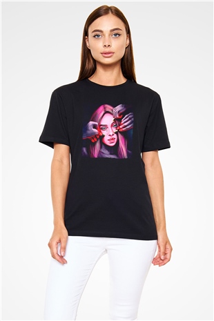 Billie Eilish Baskılı Unisex Siyah Tişört - Tshirt