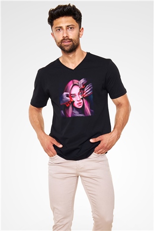 Billie Eilish Baskılı Unisex Siyah V Yaka Tişört - Tshirt