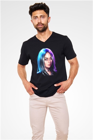 Billie Eilish Baskılı Unisex Siyah V Yaka Tişört - Tshirt