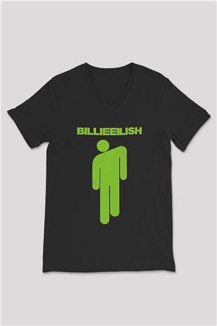 Billie Eilish Baskılı Unisex Siyah V Yaka Tişört - Tshirt