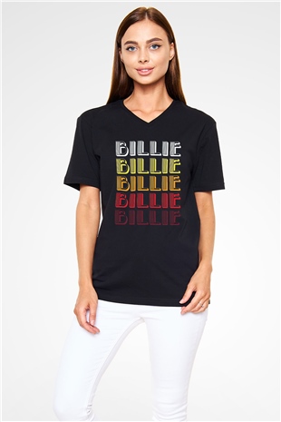 Billie Eilish Baskılı Unisex Siyah V Yaka Tişört - Tshirt