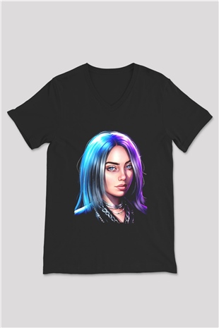 Billie Eilish Baskılı Unisex Siyah V Yaka Tişört - Tshirt
