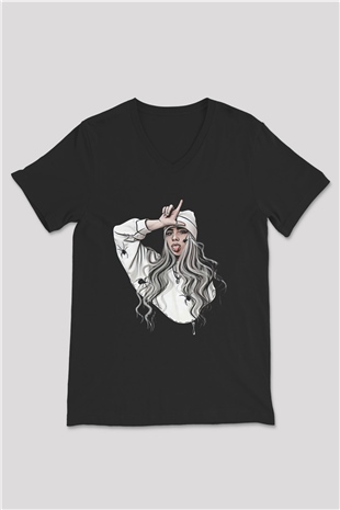 Billie Eilish Baskılı Unisex Siyah V Yaka Tişört - Tshirt