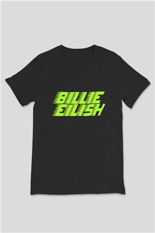 Billie Eilish Baskılı Unisex Siyah V Yaka Tişört - Tshirt