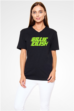 Billie Eilish Baskılı Unisex Siyah V Yaka Tişört - Tshirt