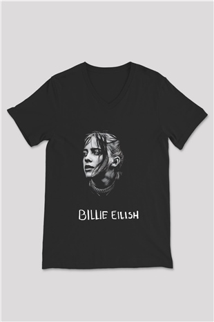 Billie Eilish Baskılı Unisex Siyah V Yaka Tişört - Tshirt