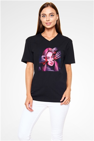 Billie Eilish Baskılı Unisex Siyah V Yaka Tişört - Tshirt