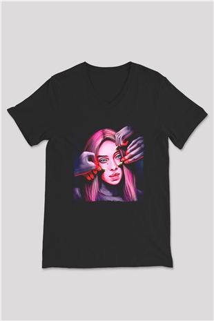 Billie Eilish Baskılı Unisex Siyah V Yaka Tişört - Tshirt
