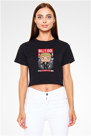 Billy Idol Baskılı Siyah Kadın Crop Top Tişört