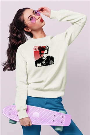 Billy Idol Baskılı Unisex Beyaz Sweatshirt