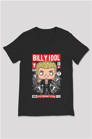 Billy Idol Baskılı Unisex Siyah V Yaka Tişört