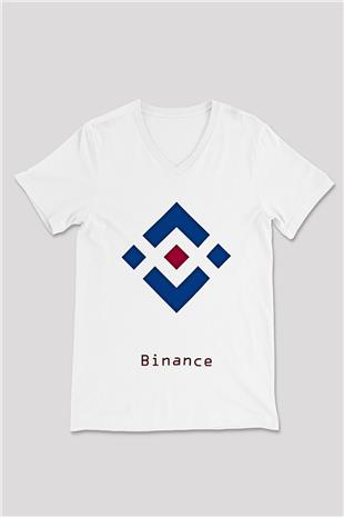 Binance Baskılı Beyaz Unisex V Yaka Tişört - Tshirt