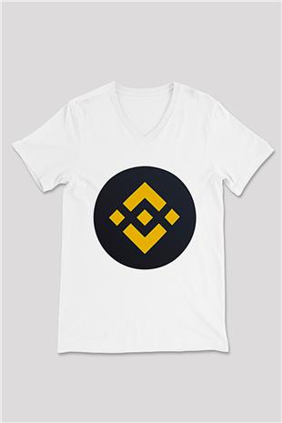 Binance Baskılı Beyaz Unisex V Yaka Tişört - Tshirt