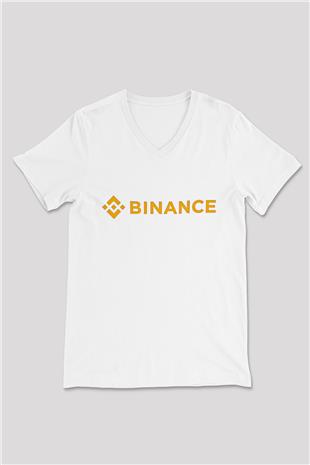 Binance Baskılı Beyaz Unisex V Yaka Tişört - Tshirt