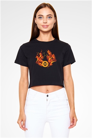 Binance Baskılı Siyah Crop Top Kadın Tişört - Tshirt