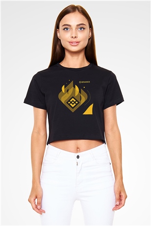 Binance Baskılı Siyah Crop Top Kadın Tişört - Tshirt