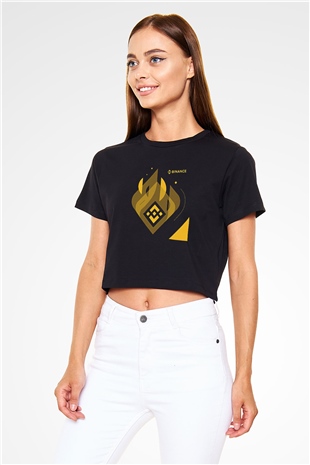 Binance Baskılı Siyah Crop Top Kadın Tişört - Tshirt