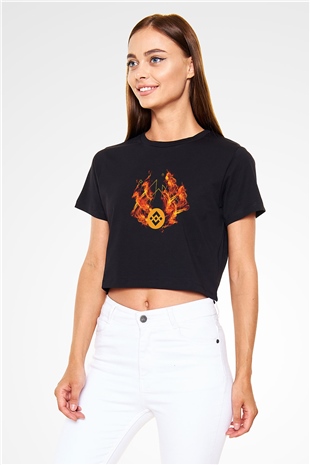 Binance Baskılı Siyah Crop Top Kadın Tişört - Tshirt