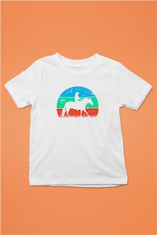 Binicilik Baskılı Unisex Beyaz Çocuk Tişört - Tshirt