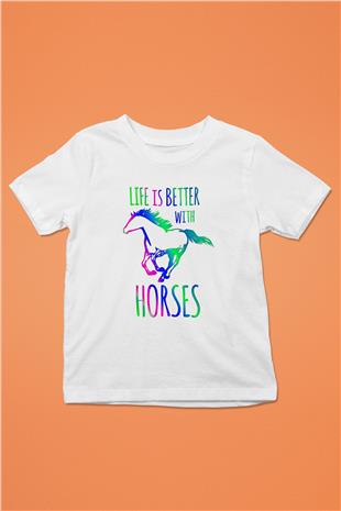 Binicilik Baskılı Unisex Beyaz Çocuk Tişört - Tshirt