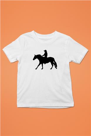 Binicilik Baskılı Unisex Beyaz Çocuk Tişört - Tshirt