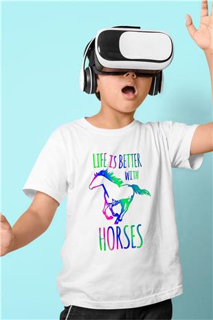 Binicilik Baskılı Unisex Beyaz Çocuk Tişört - Tshirt