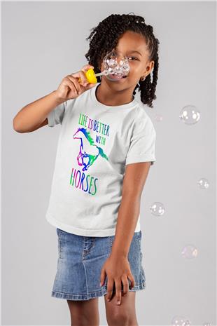 Binicilik Baskılı Unisex Beyaz Çocuk Tişört - Tshirt