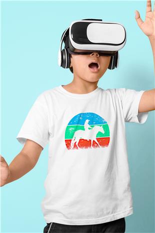 Binicilik Baskılı Unisex Beyaz Çocuk Tişört - Tshirt