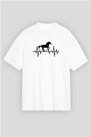 Binicilik Baskılı Unisex Beyaz Oversize Tişört - Tshirt