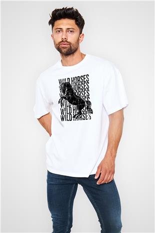Binicilik Baskılı Unisex Beyaz Oversize Tişört - Tshirt