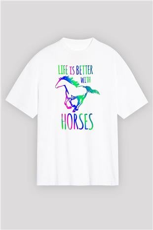 Binicilik Baskılı Unisex Beyaz Oversize Tişört - Tshirt
