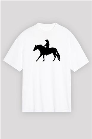 Binicilik Baskılı Unisex Beyaz Oversize Tişört - Tshirt
