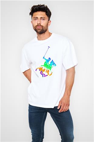 Binicilik Baskılı Unisex Beyaz Oversize Tişört - Tshirt