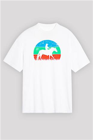 Binicilik Baskılı Unisex Beyaz Oversize Tişört - Tshirt